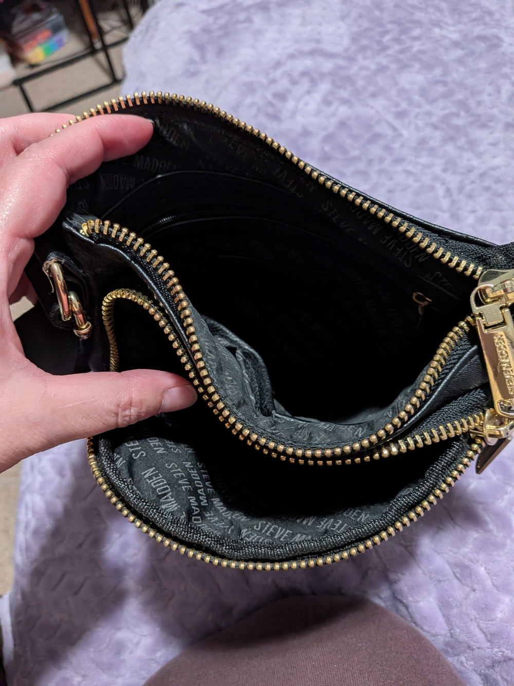 Steve Madden Black Embossed Logo Crossbody with Gold Accents - Picture 3 of 3